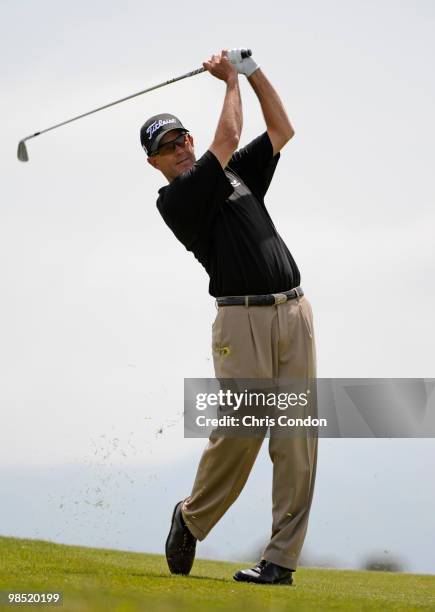 Stephen Leaney of Australia hits from the 9th fairway during the third round of the Fresh Express Classic at TPC Stonebrae on April 17, 2010 in...