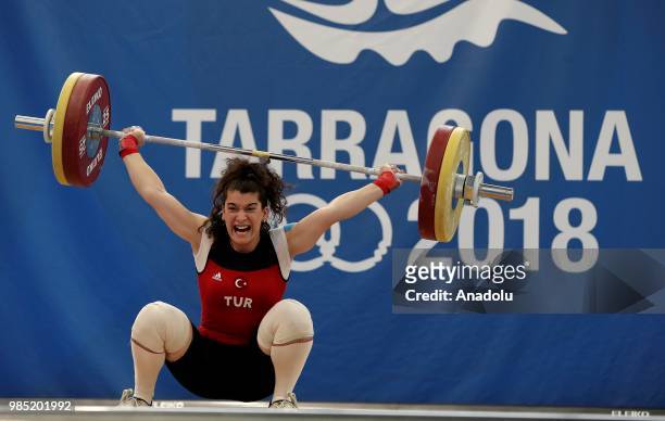 Rabia Kaya of Turkey competes in the 75kg Women's weightlifting final within the XVIII Mediterranean Games Tarragona on June 27, 2018 in Tarragona,...