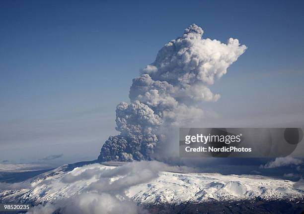 Cloud of volcanic matter rises from the erupting Eyjafjallajokull volcano April 18, 2010 in Eyjafjallajokull , Iceland. A major eruption occured on...