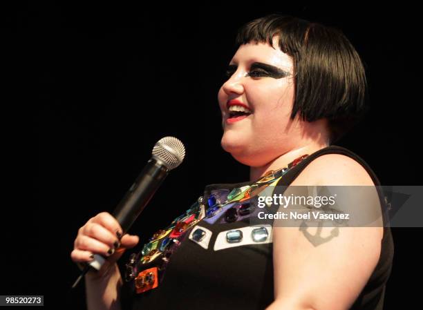 Singer Beth Ditto of the band Gossip performs during day two of the Coachella Valley Music & Arts Festival 2010 held at the Empire Polo Club on April...