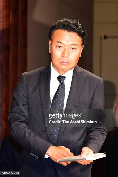 Professional golfer Shingo Katayama attends a press conference on June 27, 2018 in Tokyo, Japan. A male guest was part of golfer Shingo Katayama's...
