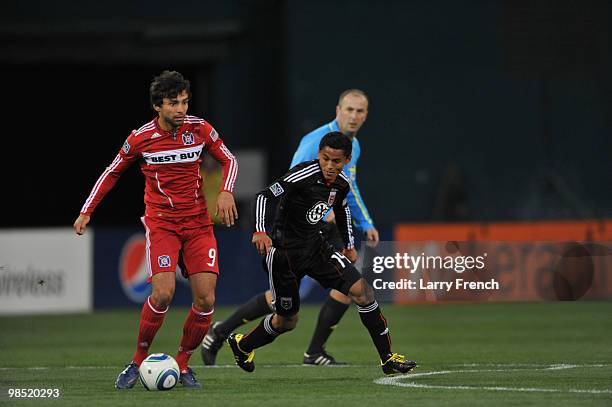 Baggio Husidic of Chicago Fire dribbles the ball during the game against D.C. United at RFK Stadium on April 17, 2010 in Washington, DC. The Fire...