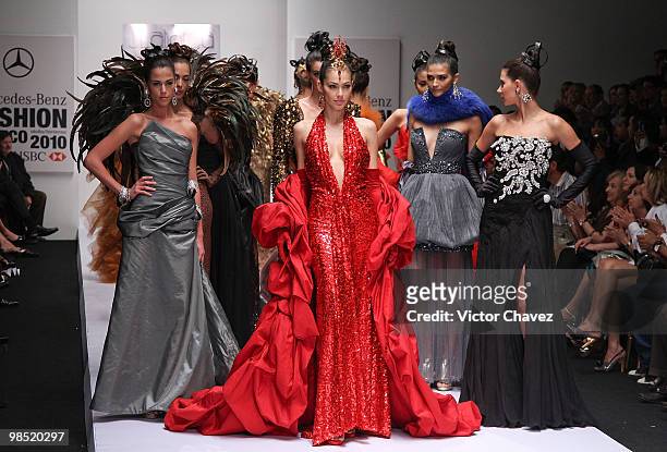 Miss Mundo Mexico 2008 Perla Beltran and models walk the runway wearing Jose Louis Abarca during Mercedes-Benz Fashion Mexico Autumn Winter 2010 at...