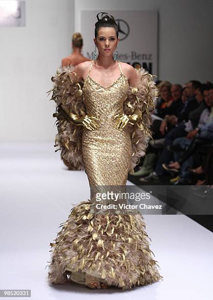 Model walks the runway wearing Jose Louis Abarca during Mercedes-Benz Fashion Mexico Autumn Winter 2010 at Campo Marte on April 15, 2010 in Mexico...