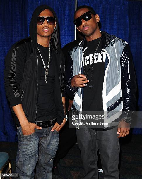 Singer Trey Songz and rapper Fabolous backstage after performing during the BSBG Music College Tour at James L. Knight Center on April 16, 2010 in...