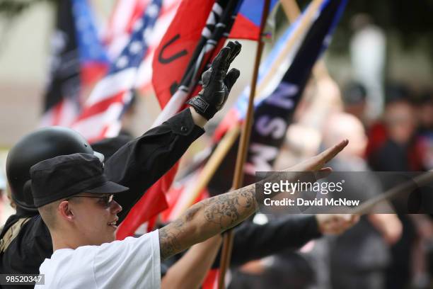 Members of the National Socialist Movement rally near City Hall on April 17, 2010 in Los Angeles, California. An NSM anti-illegal immigration rally...