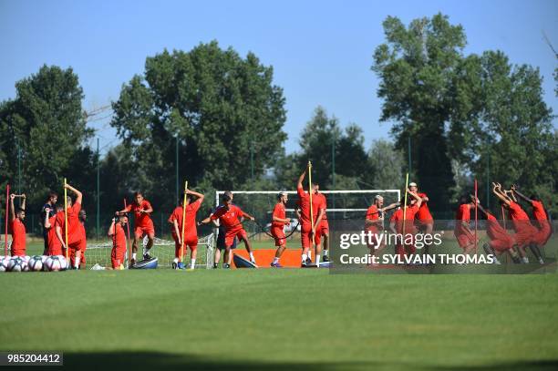 French L1 Nîmes football club's players take part in a training session, on June 27, 2018 at the Bastide stadium in Nîmes, southern France.