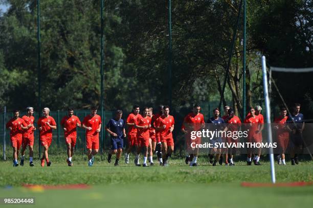 French L1 Nîmes football club's players take part in a training session, on June 27, 2018 at the Bastide stadium in Nîmes, southern France.