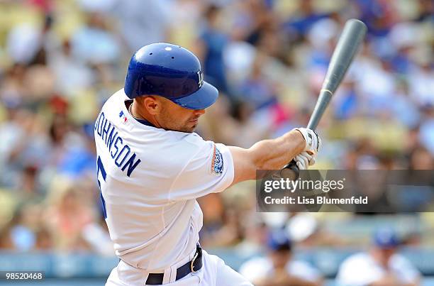 Reed Johnson of the Los Angeles Dodgers at bat against the San Francisco Giants at Dodger Stadium on April 17, 2010 in Los Angeles, California.