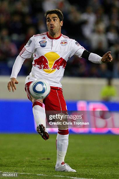 Juan Pablo Angel of the New York Red Bulls controls the ball against the FC Dallas during the match at Red Bull Arena on April 17, 2010 in Harrison,...