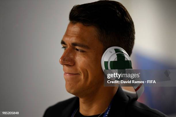 Hector Moreno of Mexico arrives at the stadium prior to the 2018 FIFA World Cup Russia group F match between Mexico and Sweden at Ekaterinburg Arena...