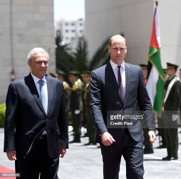 Prince William, Duke of Cambridge arrives with Palestinian Deputy Prime Minister, Ziad Abu-Amr, for a meeting with Palestinian President Mahmoud...