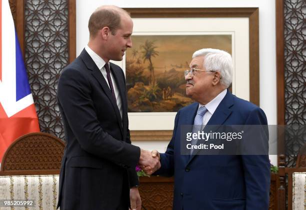 Prince William, Duke of Cambridge meets Palestinian President Mahmoud Abbas at the Office of the President, during his official tour of Jordan,...