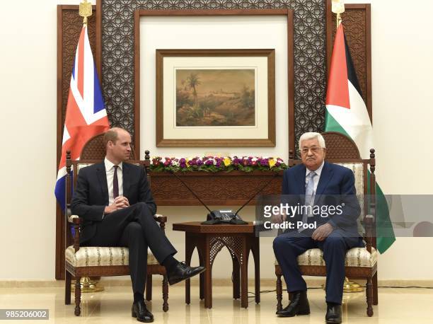 Prince William, Duke of Cambridge meets Palestinian President Mahmoud Abbas at the Office of the President, during his official tour of Jordan,...