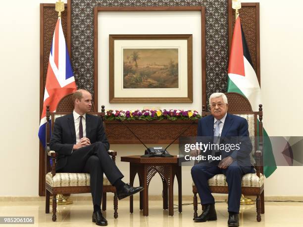 Prince William, Duke of Cambridge meets Palestinian President Mahmoud Abbas at the Office of the President, during his official tour of Jordan,...