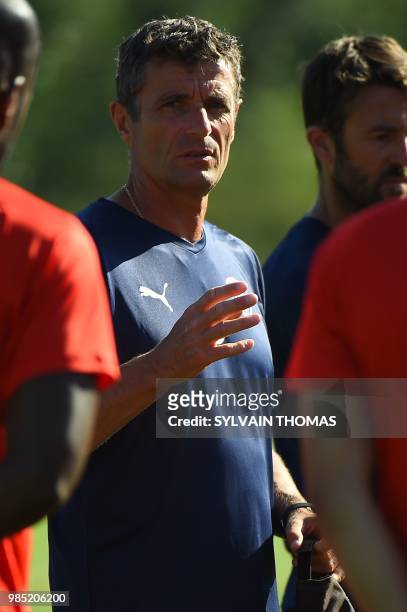 French L1 Nîmes football club's head coach Bernard Blaquart speaks during a training session at the Bastide stadium in Nîmes, southern France, on...