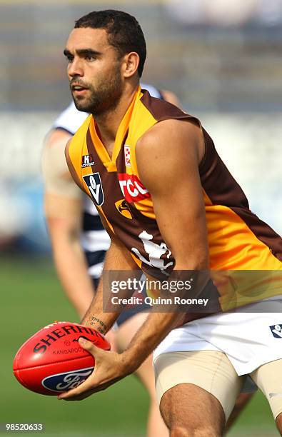 Shaun Burgoyne of Box Hill looks to handball during the round two VFL match between Geelong and Box Hill at Skilled Stadium on April 18, 2010 in...