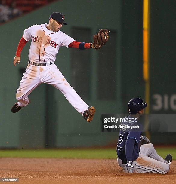 Kevin Youkilis of the Boston Red Sox attempts to pick off Carl Crawford of the Tampa Bay Rays at Fenway Park on April 17, 2010 in Boston,...