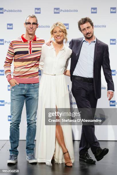 Paolo Kessisoglu, Mia Ceran and Luca Bizzarri attend the Rai Show Schedule presentation on June 27, 2018 in Milan, Italy.