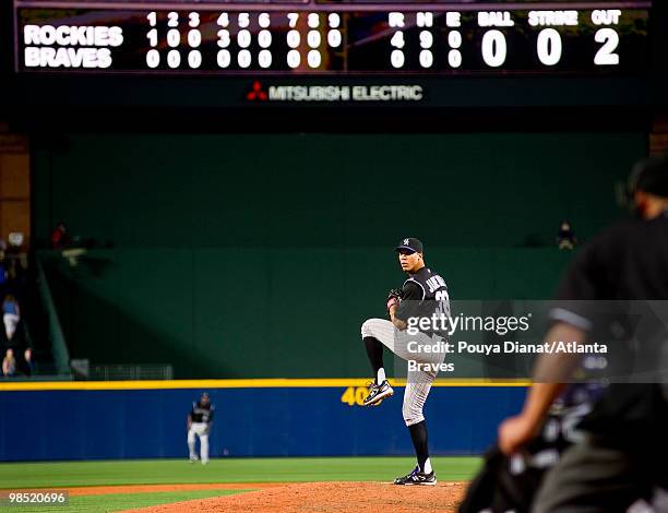 Ubaldo Jimenez of the Colorado Rockies pitches during his no-hitter against the Atlanta Braves on April 17, 2010 at Turner Field in Atlanta, Georgia....