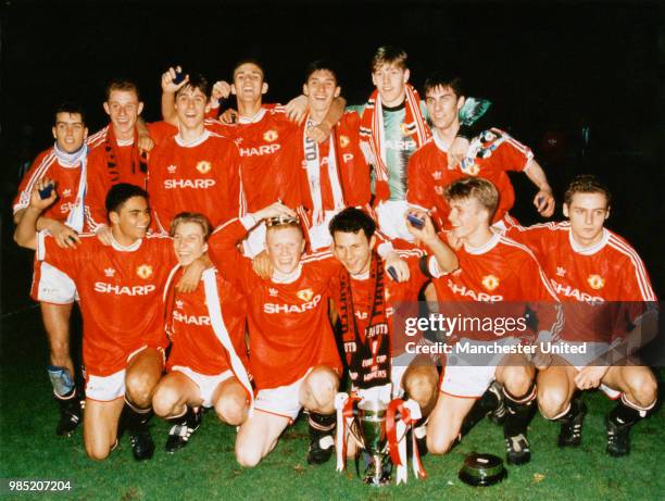 The Manchester United team celebrate with the FA Youth Cup on 5 May 1992 at Old Trafford. United won 6-3 on aggregate - 3-1 in the away leg on 14...
