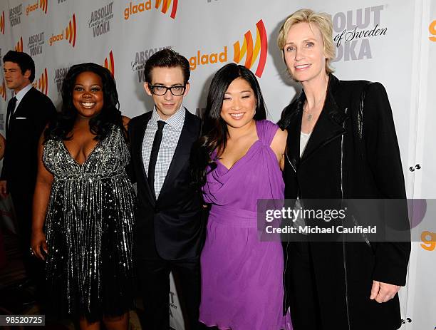 Actors Amber Riley, Kevin McHale, Jenna Ushkowitz and Jane Lynch pose at the 21st Annual GLAAD Media Awards held at Hyatt Regency Century Plaza Hotel...