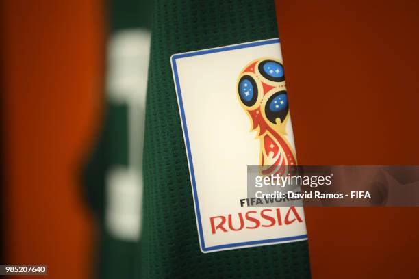 The FIFA 2018 World Cup logo logo is seen on a shirt inside the Mexico dressing room prior to the 2018 FIFA World Cup Russia group F match between...