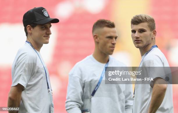 Sebastian Rudy of Germany speaks with Timo Werner of Germany during a pitch inspection prior to the 2018 FIFA World Cup Russia group F match between...