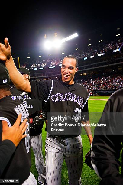 Ubaldo Jimenez of the Colorado Rockies celebrates after his no-hitter against the Atlanta Braves on April 17, 2010 at Turner Field in Atlanta,...