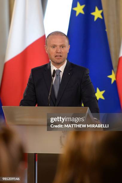 Malta Prime Minister Joseph Muscat gives a press conference on June 27, 2018 in Valletta, announcing that the Lifeline - a rescue boat stranded for...