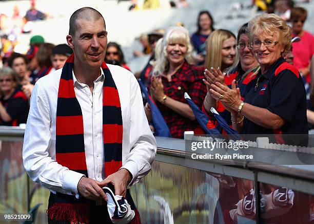 Jim Stynes meets Melbourne fans before the round four AFL match between the Richmond Tigers and the Melbourne Demons at the Melbourne Cricket Ground...