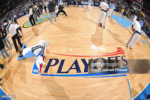 Johan Petro of the Denver Nuggets warms up prior to the game against the Utah Jazz in Game One of the Western Conference Quarterfinals during the...