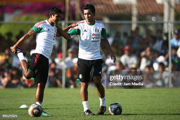 Players Alberto Medina and Adrian Aldrete of Mexico's national soccer team in action during their training session at La Capilla field on April 17,...