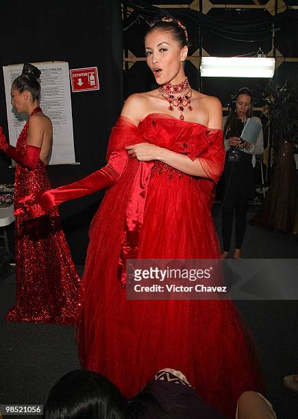 Model prepares backstage prior to the Jose Louis Abarca Autumn Winter 2010 runway show during Mercedes-Benz Fashion Mexico Autumn/Winter 2010 at the...