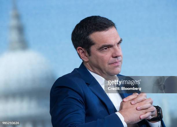 Alexis Tsipras, Greece's prime minister, pauses during a Bloomberg Television interview in London, U.K., on Tuesday, June 26, 2018. Tsipras vowed to...