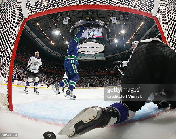 Steve Bernier of the Vancouver Canucks celebrates his goal as Jarret Stoll of the Los Angeles Kings looks on in Game Two of the Western Conference...