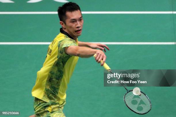 Ng Ka Long Angus of Hong Kong in action during Celcom Axiata Badminton Malaysia Open 2018 at Bukit Jalil Stadium, Kuala Lumpur on June 27, 2018 in...