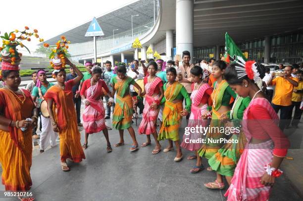 Tribal Dances perform ,India ruling political party of Bharatiya janta Party supporters welcome to Amit Shah National president of Bharatiya Janta...