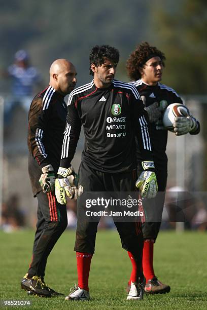 Goalkeepers Oscar Perez, Luis Michell and Guillermo Ochoa of Mexico's national soccer team in action during their training session at La Capilla...