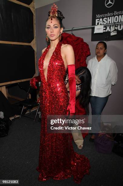 Model prepares backstage prior to the Jose Louis Abarca Autumn Winter 2010 runway show during Mercedes-Benz Fashion Mexico Autumn/Winter 2010 at the...