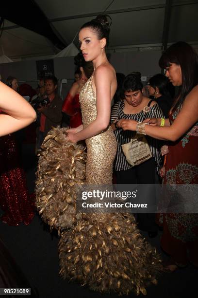 Model prepares backstage prior to the Jose Louis Abarca Autumn Winter 2010 runway show during Mercedes-Benz Fashion Mexico Autumn/Winter 2010 at the...