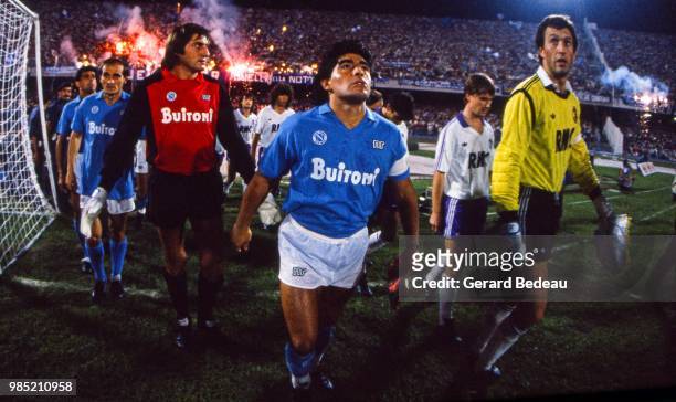 Diego Maradona of Napoli during the UEFA Cup match between Napoli and Toulouse played at Stadio San Paolo, Italy on September 17th, 1986.