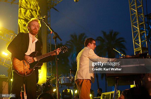 Musicians Al Doyle and Alexis Taylor of the band Hot Chip perform during day two of the Coachella Valley Music & Arts Festival 2010 held at the...