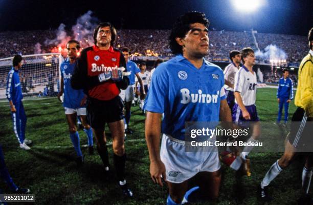 Diego Maradona of Napoli during the UEFA Cup match between Napoli and Toulouse played at Stadio San Paolo, Italy on September 17th, 1986.