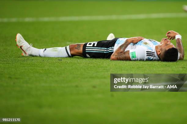 Marcos Rojo of Argentina reacts during the 2018 FIFA World Cup Russia group D match between Nigeria and Argentina at Saint Petersburg Stadium on June...