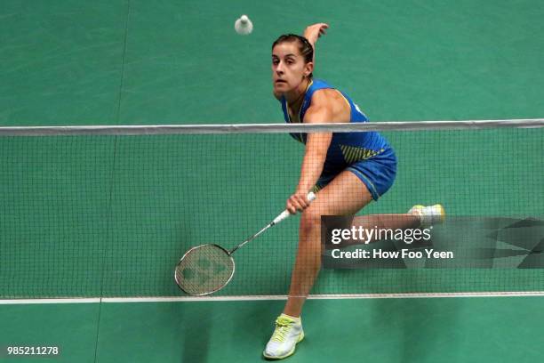 Carolina Marin of Spain in action during Celcom Axiata Badminton Malaysia Open 2018 at Bukit Jalil Stadium, Kuala Lumpur on June 27, 2018 in Kuala...