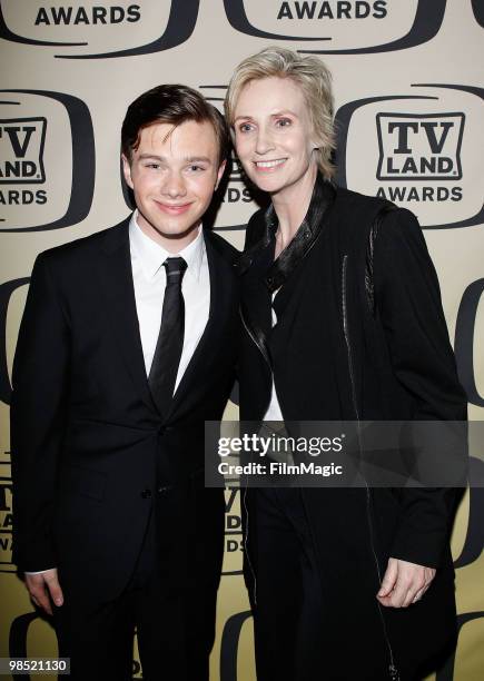 Chris Colfer and Jane Lynch pose backstage at the 8th Annual TV Land Awards held at Sony Pictures Studios on April 17, 2010 in Culver City,...