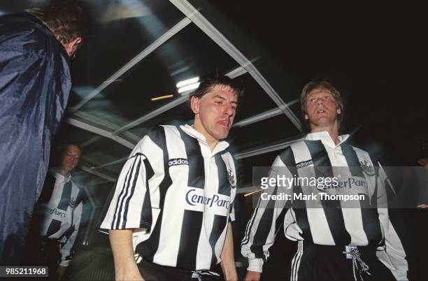 Newcastle United players Peter Beardsley Warren Barton and David Batty emerge from the players tunnel wearing the Center Parcs logo on their shirts...