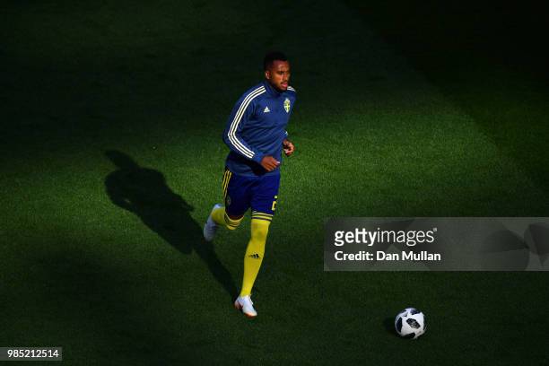 Isaac Kiese Thelin of Sweden warms up prior to the 2018 FIFA World Cup Russia group F match between Mexico and Sweden at Ekaterinburg Arena on June...