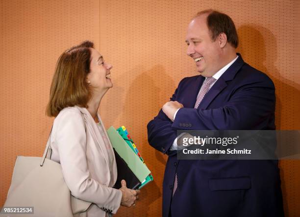 German Justice Minister Katarina Barley in a conversation with the Head of the German Chancellery Helge Braun before the Weekly Government Cabinet...